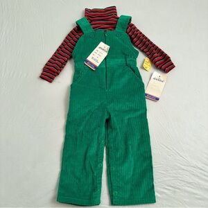 Absorba vintage green corduroy overalls and multicolor stripe turtle neck shirt